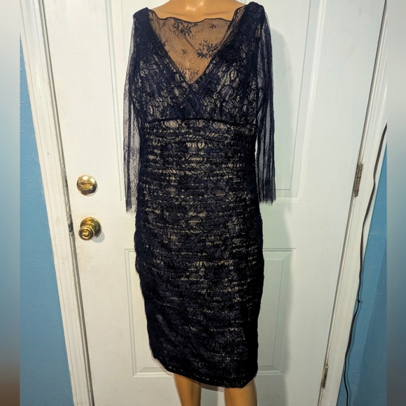 Teri Jon Blue Ruched Sheath Dress V-Neck 3/4 Sleeve - Picture 1 of 7